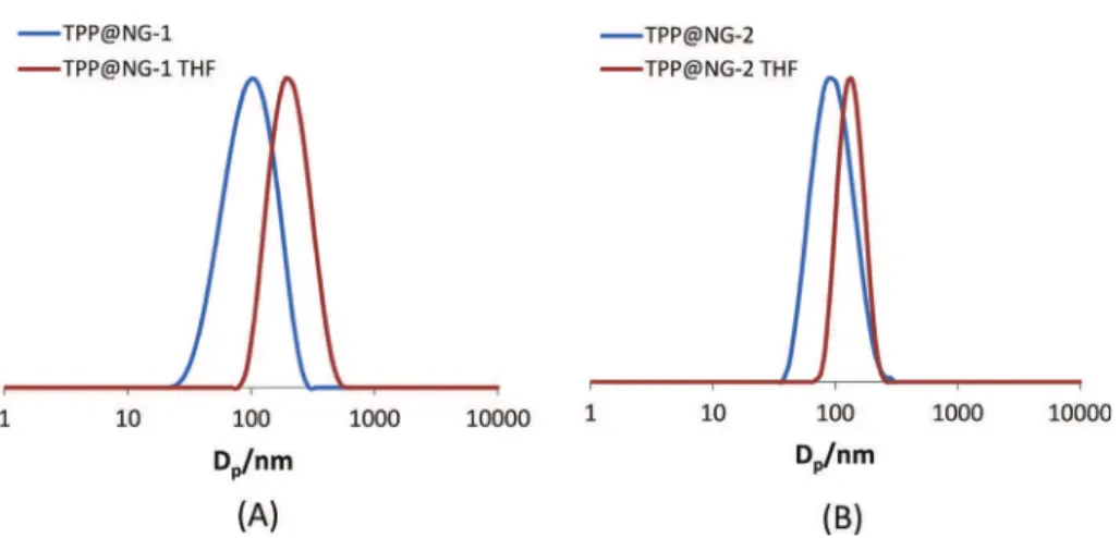 Fig. 5. DLS analysis in water and THF of (A) TPP@NG-1 and (B) TPP@NG-2.