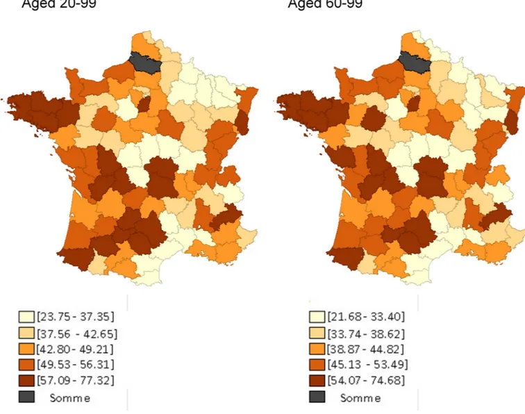 Fig 1. De´partement-level quintiles of rates of genetic testing for NSCLC in France among inhabitants aged 20–99 (left) and those aged 60–99 (right), April 2012 –April 2013