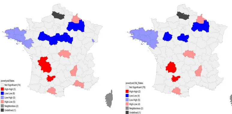 Fig 3. Bivariate LISA maps between poverty rate and genetic testing rates for NSCLC in France among inhabitants aged 20–99 (left) and those aged 60–99 (right), April 2012 –April 2013.