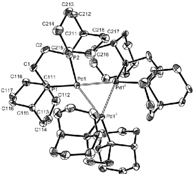Figure 4.    ORTEP view of the ordered trinuclear [Pd 3 (bcope) 3 H 2 ] 2+  cluster in compound 3