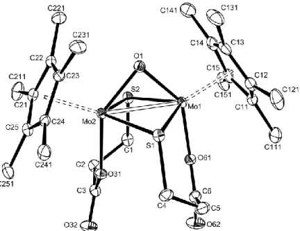Figure 2.    ORTEP view of compound [Cp* 2 Mo 2 (-O)(-SCH 2 CH 2 COO) 2 ].  Hydrogen  atoms have been omitted for clarity 