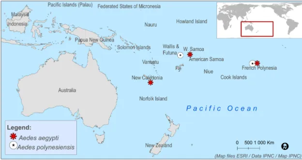 Fig 1. Pacific map locating Ae. aegypti and Ae. polynesiensis sampling sites. Ae. aegypti sampling sites are represented by the red stars and Ae
