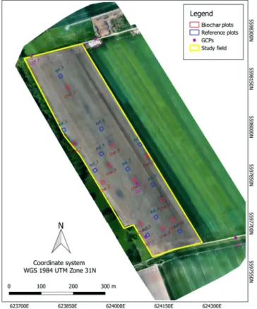 Fig. 1. The experimental area within the chicory ﬁ eld revealing the composi- composi-tion of the 11 pairs of biochar-enriched versus reference plots as well as the location of the ground control points