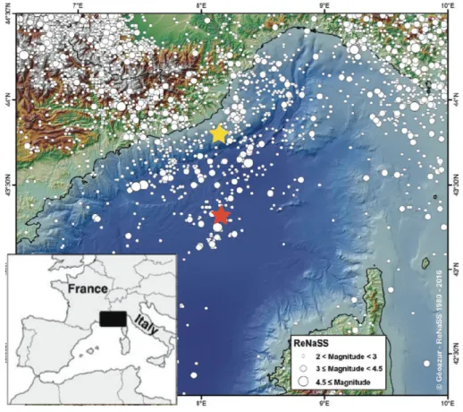 Figure 1. Seismicity map (magnitude &gt; 2) of the Alps-Ligurian Basin junction, recorded between 1980  and 2016 (ReNaSS and SiHex catalogs)