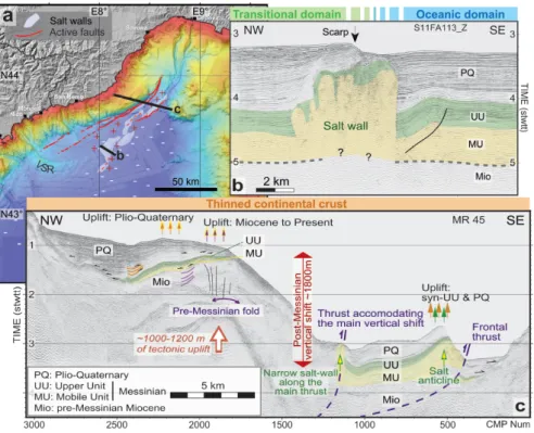 Figure 2. Results from previous shallow seismic studies in the Ligurian Sea. (a) Bathymetric map with  active  inversion-related  structural  features  (modified  from  [4]):  red  lines  for  active  reverse  faults  identified at the slope’s toe, pale pa
