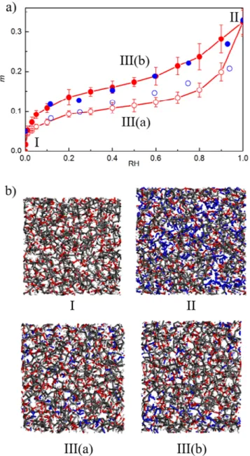 Figure 7. (a) Water sorption isotherms at T = 300 K in cellulose: (red circles) hybrid GCMC/MD  molecular simulation, (blue circles) sorption experiment from Reference [108]