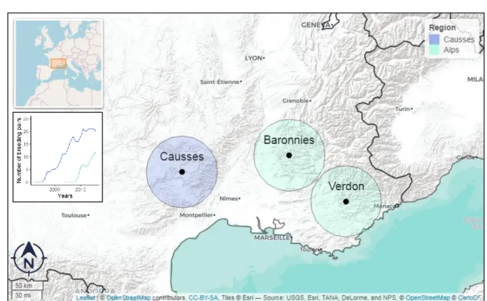Figure 1: Locations of the three reintroduction programs of cinereous vultures in France