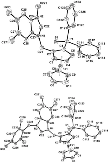 Fig. 1 ORTEP representations of benzimidazolium salts rac-2c (top) and  rac-2d (bottom)