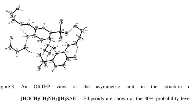 Figure 3.  An  ORTEP  view  of  the  asymmetric  unit  in  the  structure  of  [HOCH 2 CH 2 NH 3 ][H 2 SAE]