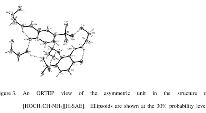 Figure 3.  An  ORTEP  view  of  the  asymmetric  unit  in  the  structure  of  [HOCH 2 CH 2 NH 3 ][H 2 SAE]