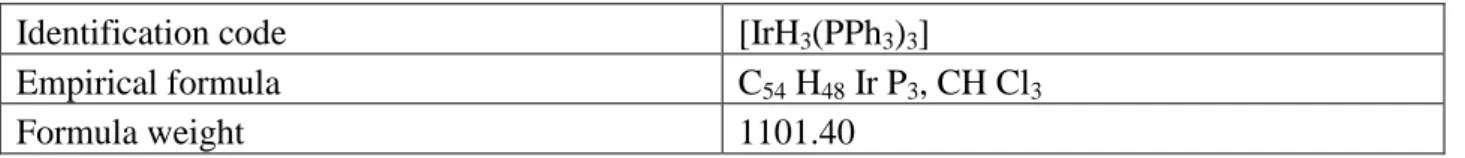Table 1. Crystal data and structure refinement for fac-[IrH 3 (PPh 3 ) 3 ]  Identification code   [IrH 3 (PPh 3 ) 3 ]   Empirical formula   C 54  H 48  Ir P 3 , CH Cl 3