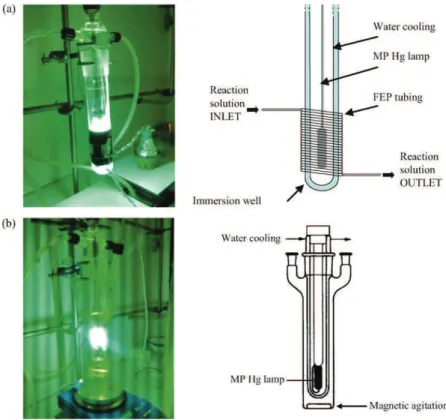 Fig. 3. (a) Lab-made microphotoreactor and (b) Batch immersion well photoreactor.