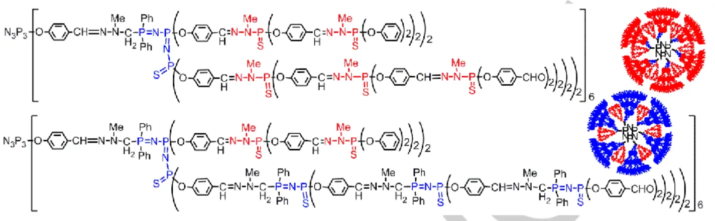 Figure  6.  Examples  of  dendrimers  in  which  phosphorhydrazone  and  P=N-P=S  linkages  are  closely  associated,  and  of  an  “onion  peel”  dendrimer  (bottom).