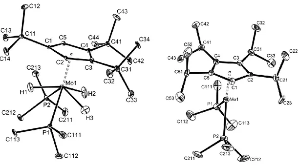 Figure 1.   ORTEP view of compounds 2a (neutron diffraction, left) and 2b (right).  