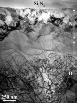 Fig.  1.  Cross-sectional  TEM  view  of  the  nitrided  Ti-6Al-4V  alloy  showing  the  compound  layer (noted N) and a part of the diffusion layer (noted D)