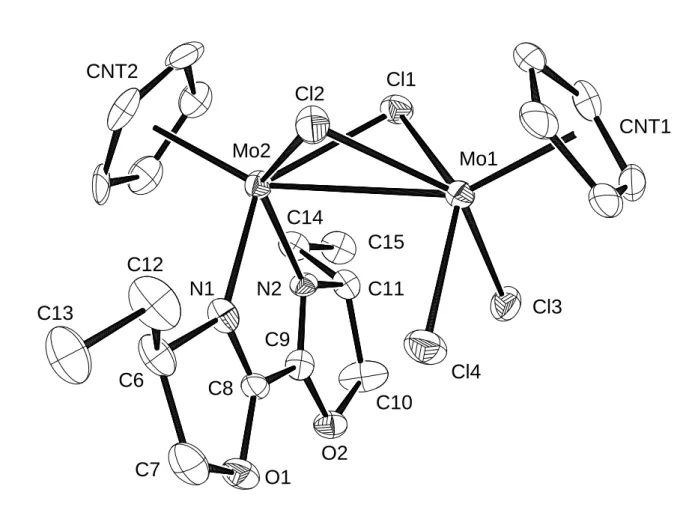 Figure 1  O1 O2Mo2 Mo1Cl2Cl1 Cl3Cl4 CNT1CNT2N1N2C8C9C10C7C6C12C13C11C14C15O1O2Mo2Mo1Cl2Cl1Cl3Cl4CNT1CNT2N1N2C8C9C10C7C6C12C13C11C14C15