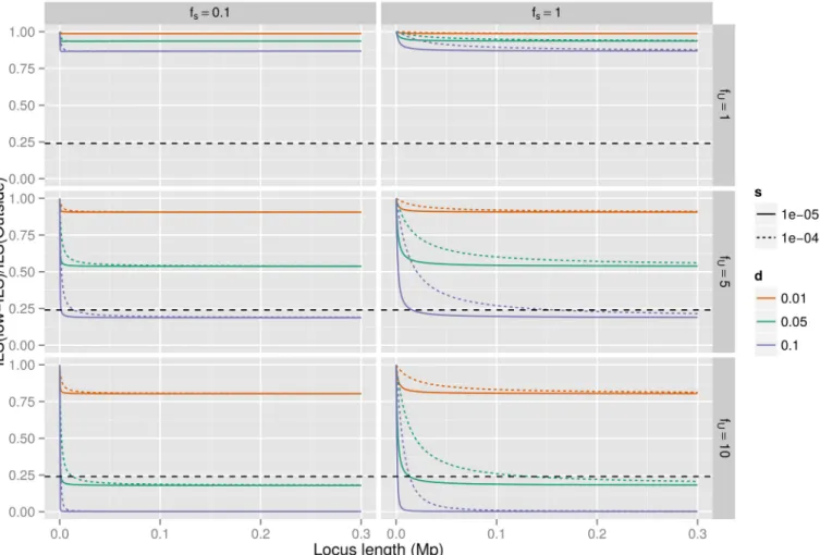 Fig 3. Background selection and ILS. The plots show the ratio of ILS inside the low ILS regions compared to that outside the regions, assuming speciation times of 5.95 mya and 3.7 mya, 20 year generations and that the neutral X effective population size is