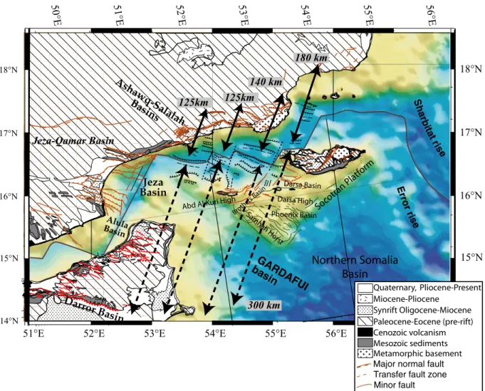 Figure 13. Miocene reconstruction of the geological and structural map of the eastern Gulf of Aden