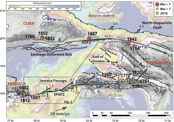 Figure 1: Tectonic setting of the study area. SOFZ: Septentrional-Oriente Fault Zone; EPGFZ: Enriquillo-Plantain-Garden Fault Zone