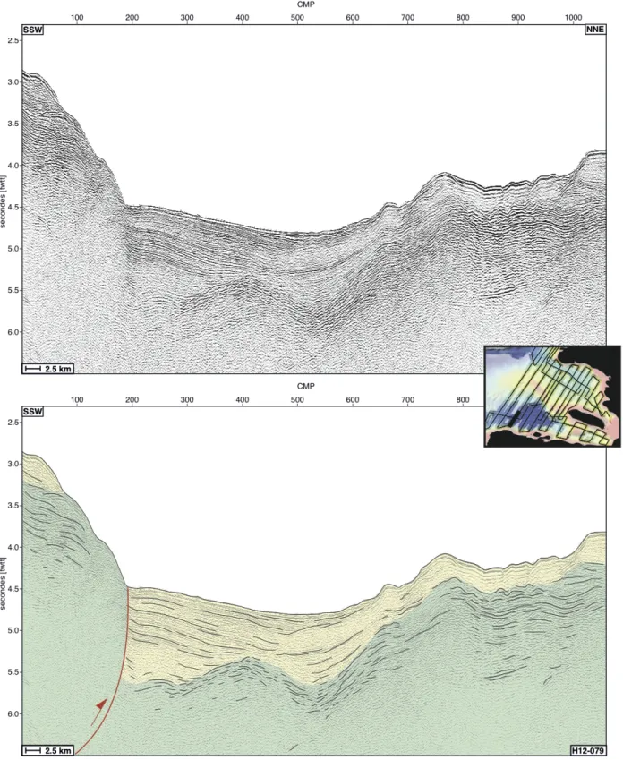 Figure 8: Detail of seismic profile H12-079 (upper panel) in the Jérémie Basin and its interpretation (lower panel)
