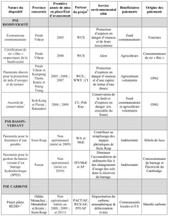 Tableau 1. Présentation générale des projets PSE au Cambodge