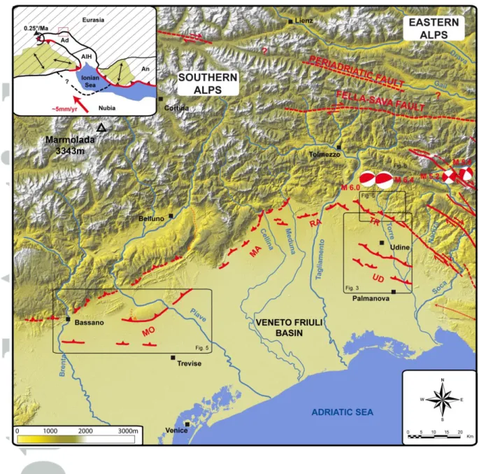 Figure  1:  Seismotectonic  map  of  the  ESA.  Thick  black  lines  represent  the  active  faults  (right-lateral  strike-slip  faults  in  the  eastern  part  are  from  Moulin  et  al