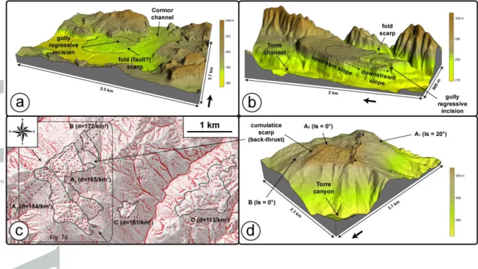 Figure  7:  a:  3D-view  of  the  5-m-DEM  (looking  NNW)  showing  the  fold  (or  fault?)  scarp  across a terrace (a1 tread) of the Cormor river at the front of the Tricesimo Anticline (see  Figure 6 for location)