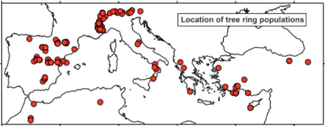 Fig. 1. Map of the tree-ring sites used to reconstruct the PDSI.