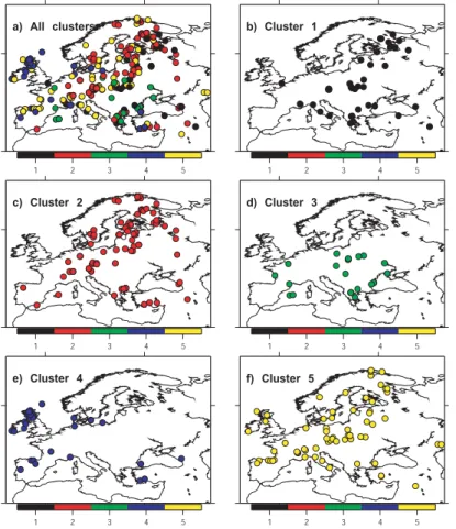 Fig. 2. Maps showing the distribution of the 5 climatically defined clusters used in the compar- compar-ison.