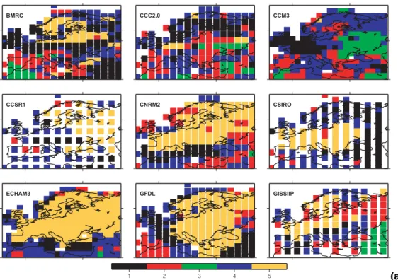 Fig. 4. Geographic distribution of clusters obtained for each model. (a) and (b) PMIP1 models;