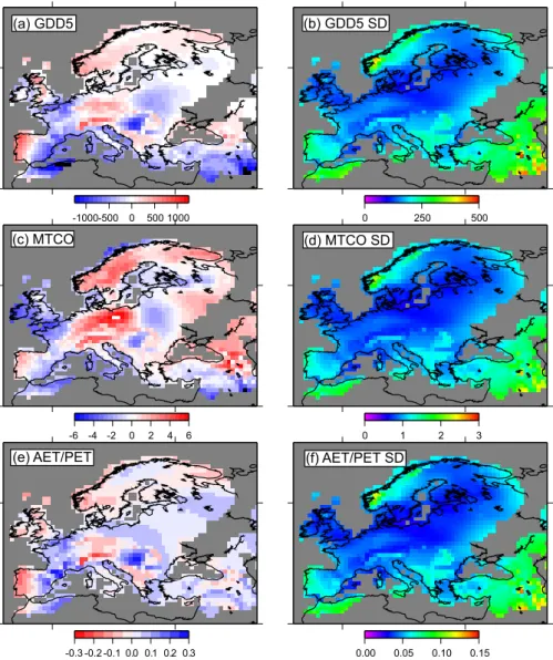 Fig. 1. Maps showing the distribution of reconstructed anomalies and the standard deviation of the reconstruction: (a) Growing Degree Days Over 5 ◦ C (GDD5); (b) GDD5 standard deviation; (c) Mean temperature of the coldest month (MTCO); (d) MTCO standard d