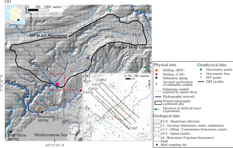 Fig. 1. Simpliﬁed geology and geomorphology of studied area (a) and location of geophysical measurements (b)