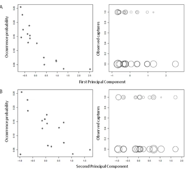 Fig 3. Individual site estimates of the occurrence probability of R. rattus according to data of human geography in 27 localities in southeastern Senegal (left), and the corresponding observed captures (1) and zero-encounters (0) of 6831 samples at 5169 tr