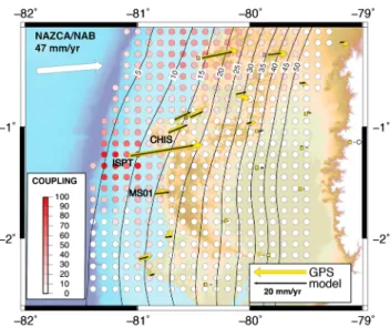 Figure 3. Map of spatial distribution of coupling along the Central Ecuador subduction zone