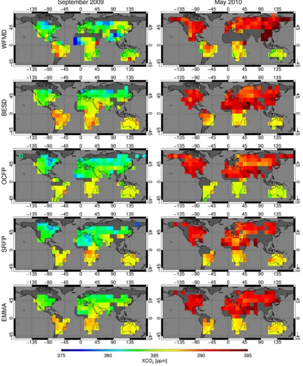 Figure 5:  Maps of monthly mean XCO 2  at 10 o x10 o  resolution as obtained using different GHG-CCI 1245 