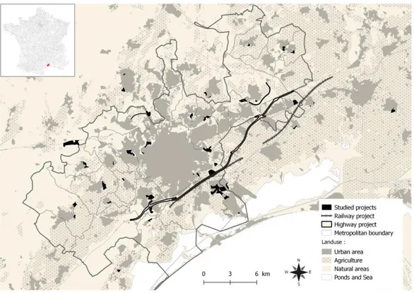 Figure 1: Spatial distribution of the 42 EIA elaborated in and around the Montpellier Metropolitan territory in  France from 2006 to 2016