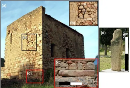 Figure 4. Archaeological evidence for the occupation of the Lower Sagone Valley. Sant’Appianu  Cathedral view (a) with reuse of menhir statues as foundation stones (b,c); Menhir Statue of  Apricciani (d)