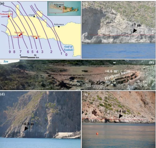 Figure 1. Different views of the 365 CE coseismic bioerosional notch. This notch is related to a re- re-gional uplift of the westernmost part of Crete and can be observed at different elevations above  present-day sea level (a)