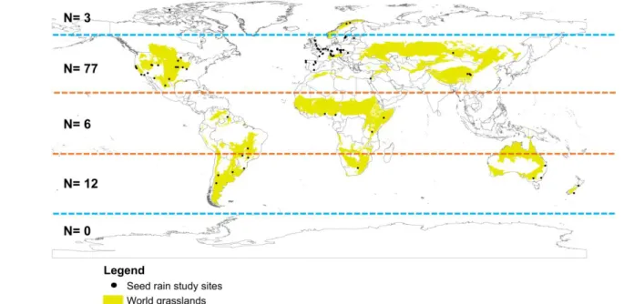 Figure  1:  Geographic  distribution  of  seed  rain  studies  (black  dots)  in  grasslands
