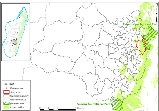 Figure 1. The study area bordering the forest corridor between Ranomafana and Andringitra.