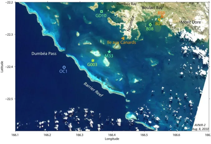 Figure 1 New Caledonia lagoon and in situ observation stations used in this study (B50, B03, 729 