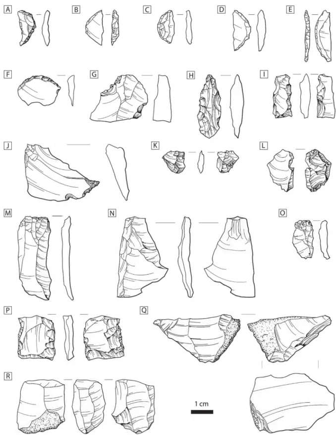 Figure 10. Lithic artifacts from Luxmanda; A – E) microlithic geometrics (crescents); F) endscraper; G) retouched flake; H) borer; I) partially backed bladelet with inverse retouch; J) bec/awl; K) splintered piece; L) bipolar flake; M) blade; N,O) flakes, 