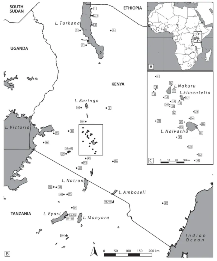 Figure 1. Map of Africa (A) highlighting the region of eastern Africa (B), with the distribution of published Pastoral Neolithic sites and detail (C) of the Central Rift Valley