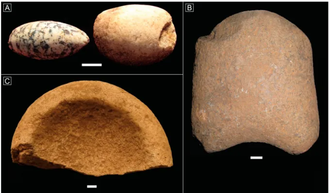 Figure 4. Groundstone artifacts from Luxmanda; A) ovoid grinding stones recovered in situ in Unit 2; B) “ axe ” found on the surface; C) stone bowl fragment found on the surface.