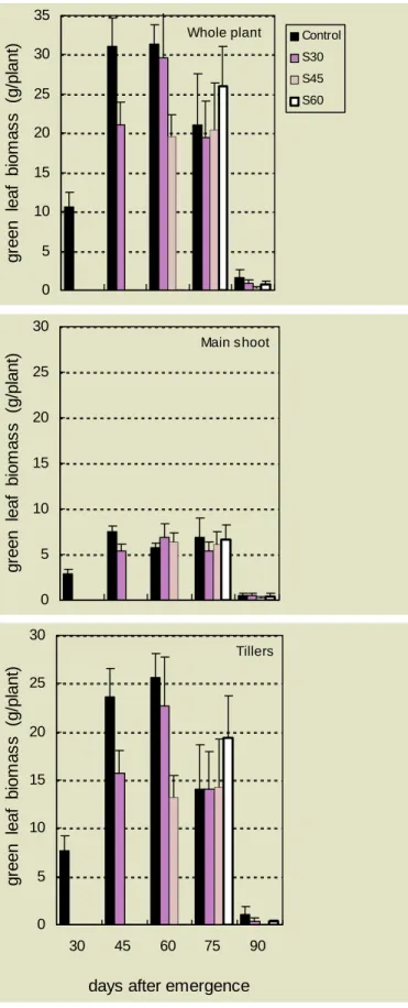 Figure 3. Seasonal variations in green leaf biomass (vertical bars show one  standard-error)