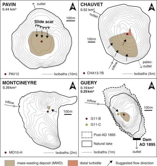 Fig. 11. Source areas and estimated surface for the AD 1300 earthquake-triggered sedimentary events in lakes Pavin, Chauvet, Montcineyre and Guéry.