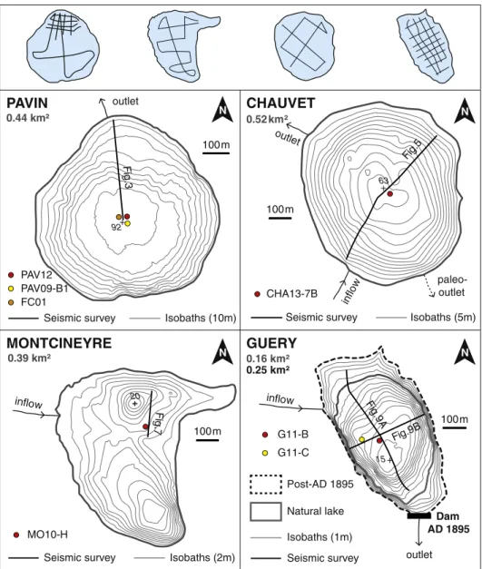 Fig. 2.Navigation grids for hydroacoustic surveys (Chapron et al., 2012) and bathymetric maps of lakes Pavin, Chauvet, Montcineyre and Guéry with cores and seismic surveys illustrated in corresponding ﬁgures