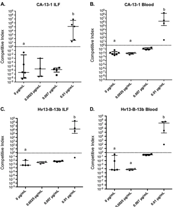 FIG 2 Competitiveness of Cp r clinical (CA-13-1) and leech-derived (Hv13-B-13b) Aeromonas isolates in the presence and absence of ciproﬂoxacin