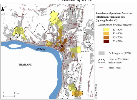 Figure 2. Spatial distribution of previous flavivirus infections (adults and children IgG positive)   in Vientiane city in 2006