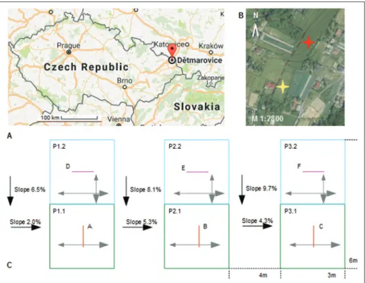 Figure 3. Study site. A: Dětmarovice is situated in the Silesian region. B: Localisation  of study sites: the yellow star indicates the ridge-top with slope ~0% used in the  archaeological test, the red star indicates the convex-convex slope with slope 2-1